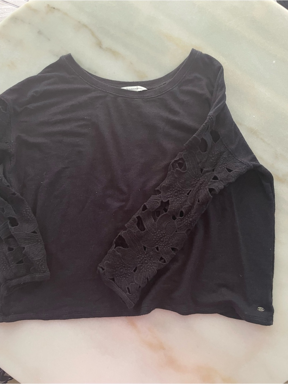 American Eagle Women’s Black Long Sleeve Crochet Accent Top size S